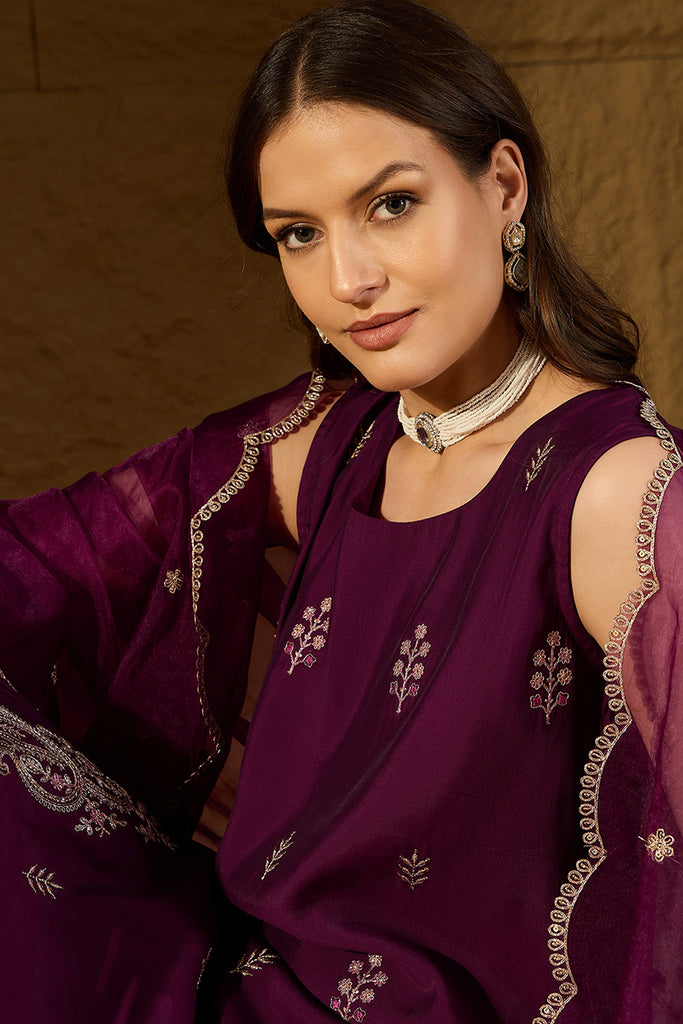 Purple Silk Blend Embroidered Straight Kurta Trouser with Dupatta HPKSKD2814