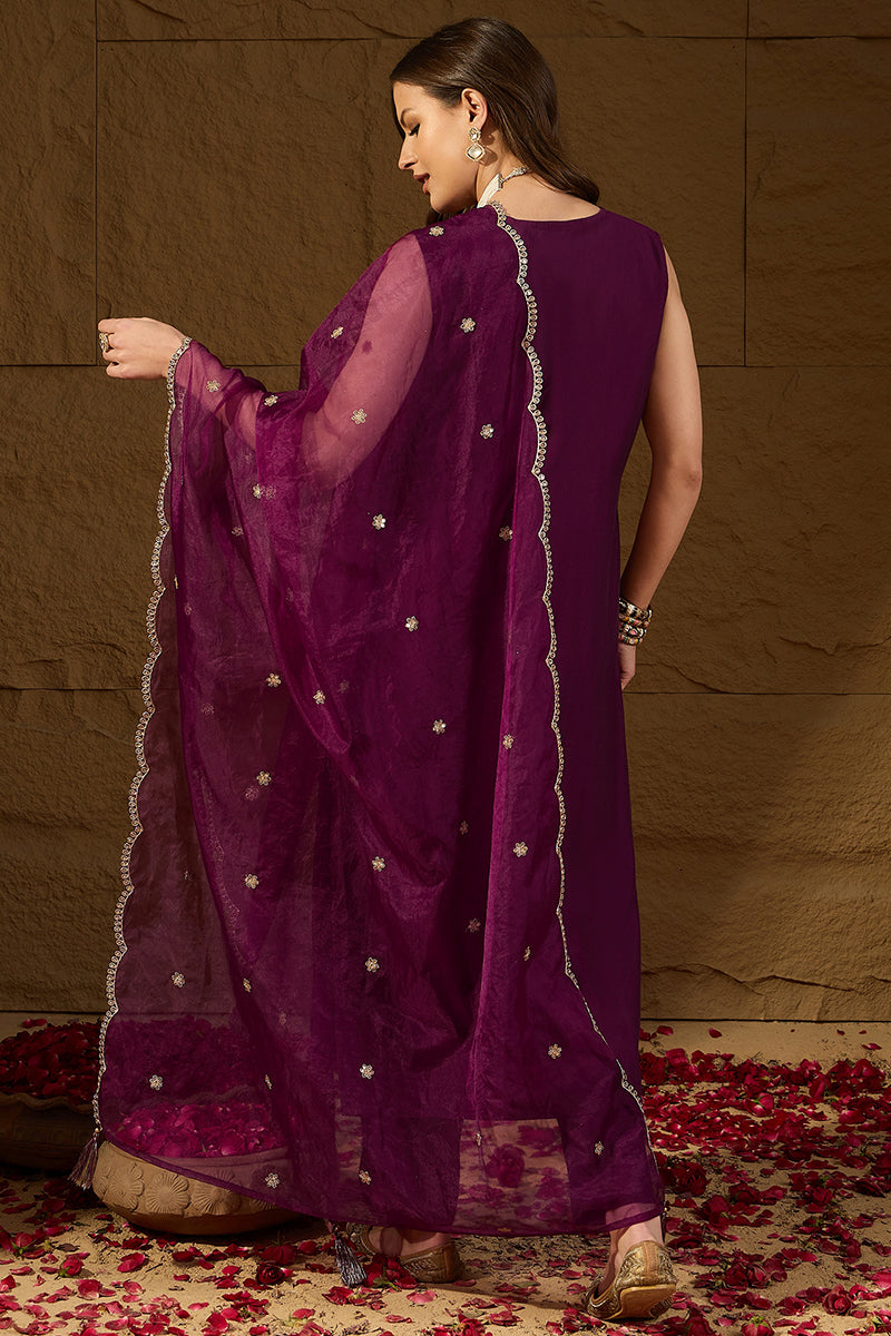 Purple Silk Blend Embroidered Straight Kurta Trouser with Dupatta HPKSKD2814