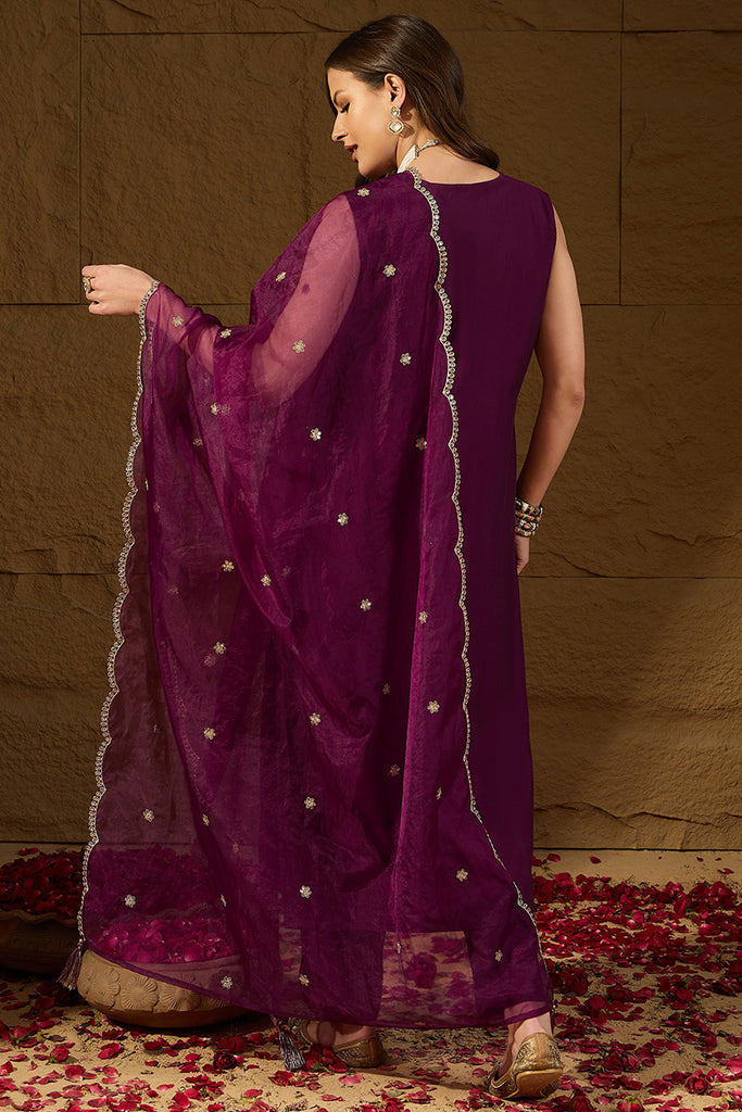 Purple Silk Blend Embroidered Straight Kurta Trouser with Dupatta HPKSKD2814