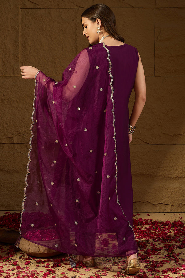 Purple Silk Blend Embroidered Straight Kurta Trouser with Dupatta HPKSKD2814