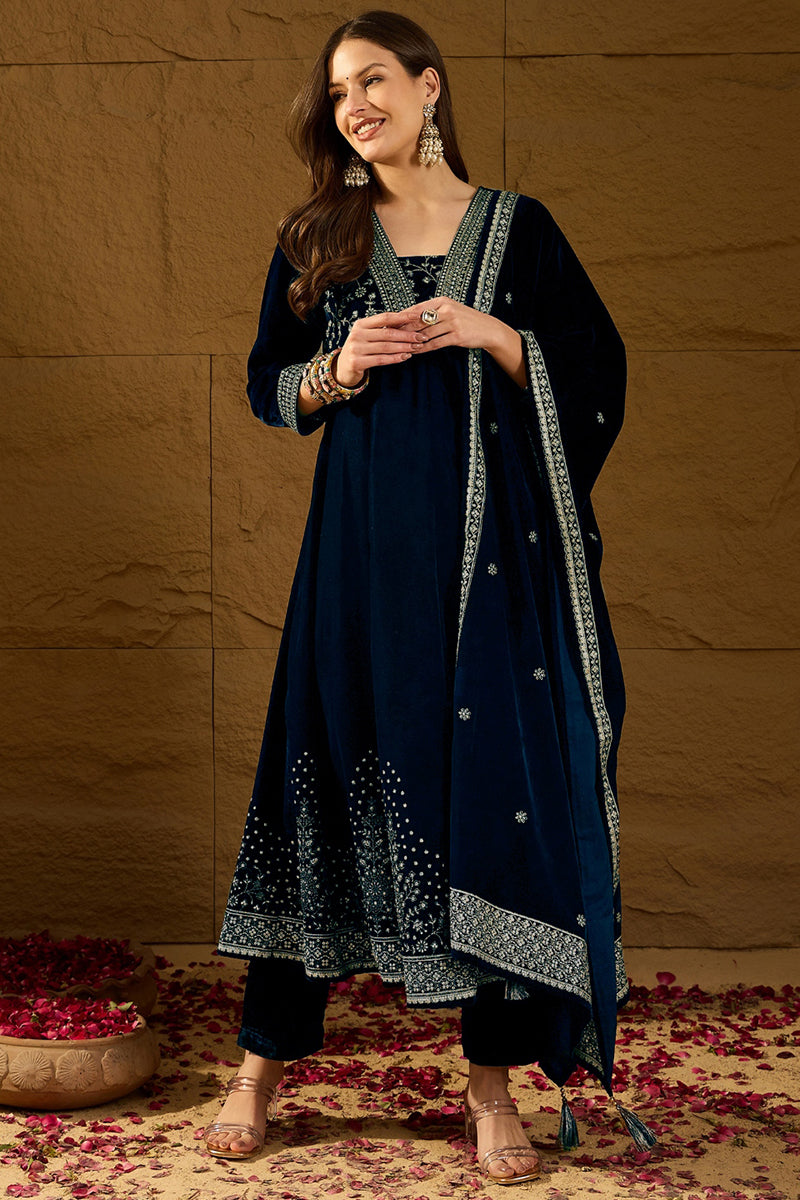 Navy Blue Velvet Floral Printed Anarkali Trousers Suit Set PKSKD2828