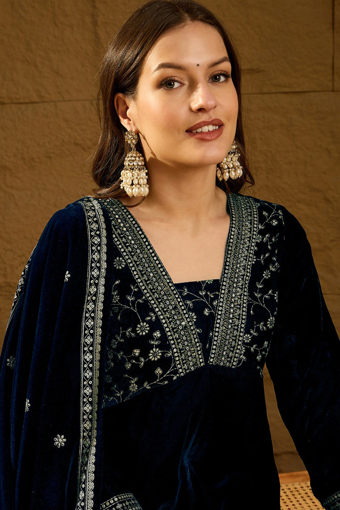 Navy Blue Velvet Floral Printed Anarkali Trousers Suit Set PKSKD2828