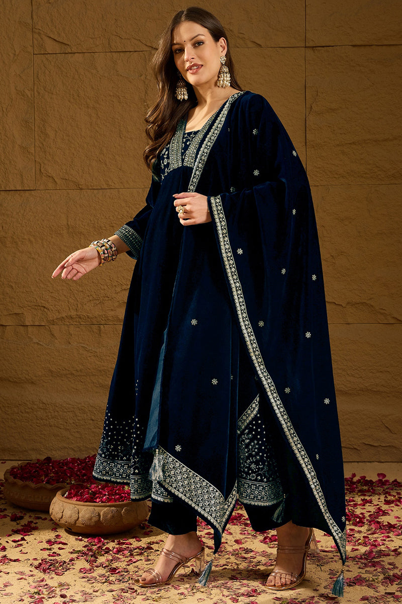 Navy Blue Velvet Floral Printed Anarkali Trousers Suit Set PKSKD2828