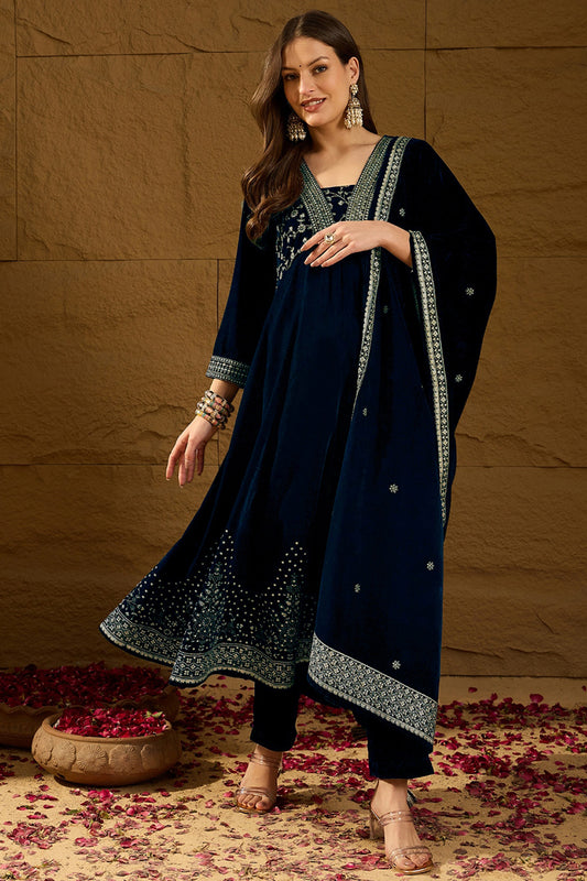 Navy Blue Velvet Floral Printed Anarkali Trousers Suit Set PKSKD2828