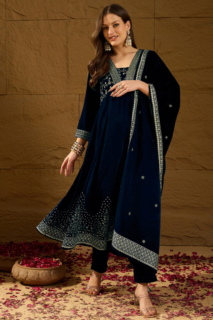 Navy Blue Velvet Floral Printed Anarkali Trousers Suit Set PKSKD2828
