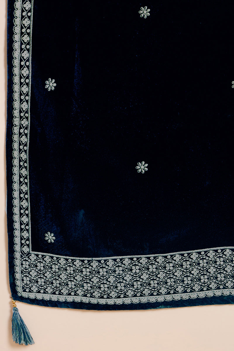 Navy Blue Velvet Floral Printed Anarkali Trousers Suit Set PKSKD2828