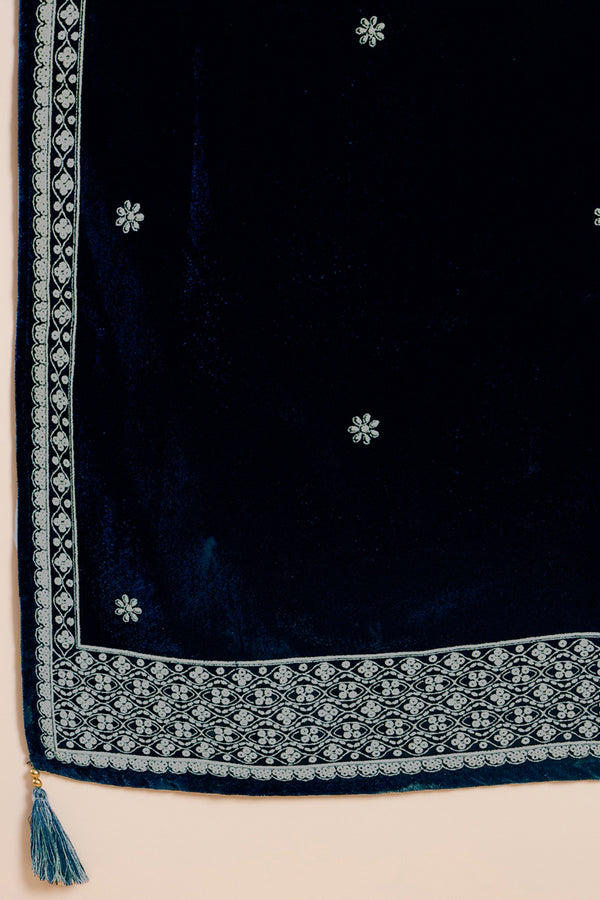 Navy Blue Velvet Floral Printed Anarkali Trousers Suit Set PKSKD2828