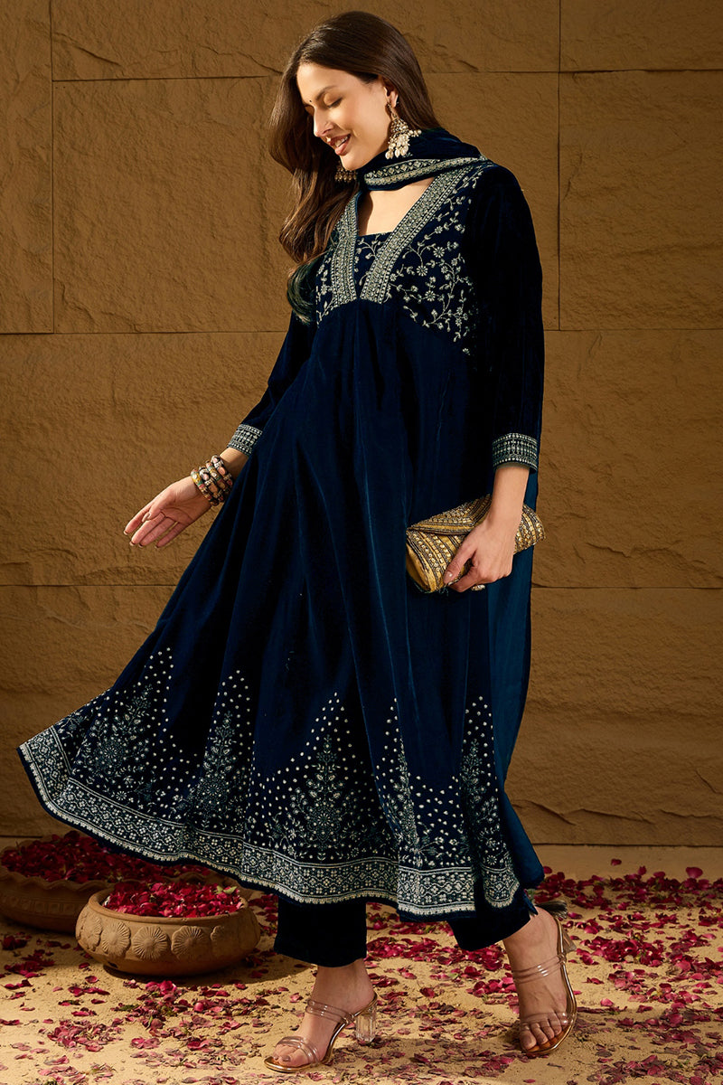Navy Blue Velvet Floral Printed Anarkali Trousers Suit Set PKSKD2828