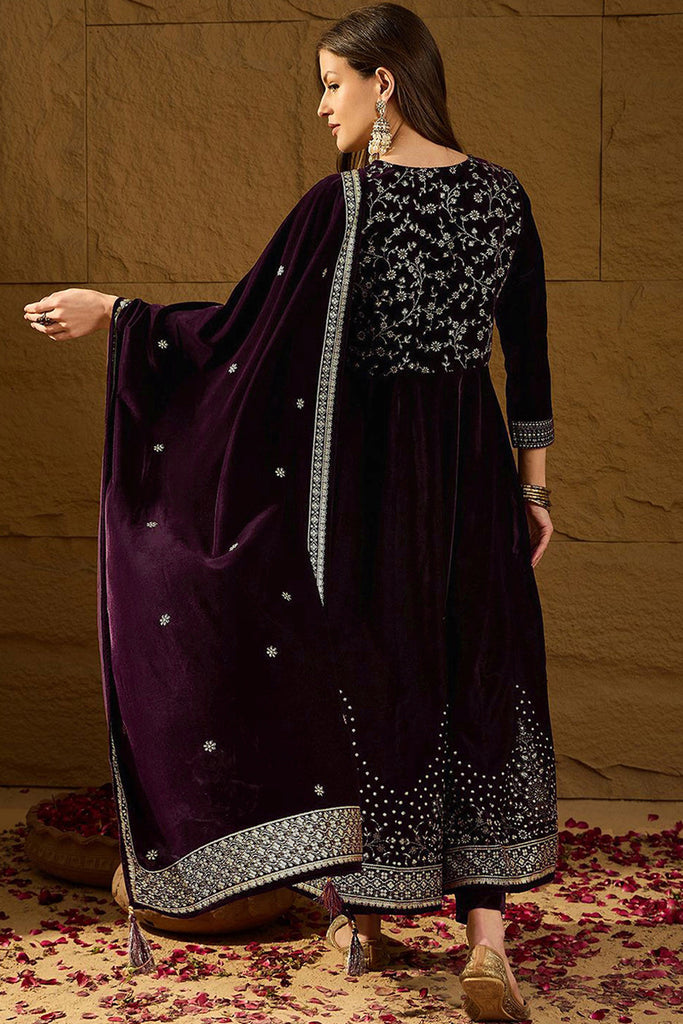 Purple Velvet Floral Printed Anarkali Trousers Suit Set PKSKD2829