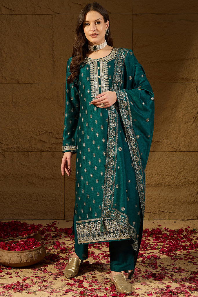 Teal Silk Blend Embroidered Straight Kurta Trouser With Dupatta HOPPKSKD2834