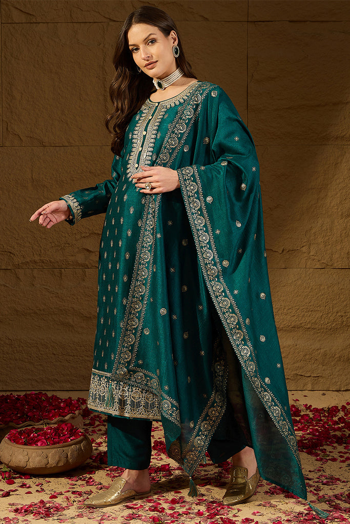 Teal Silk Blend Embroidered Straight Kurta Trouser With Dupatta HOPPKSKD2834