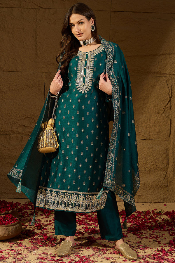 Teal Silk Blend Embroidered Straight Kurta Trouser With Dupatta HOPPKSKD2834