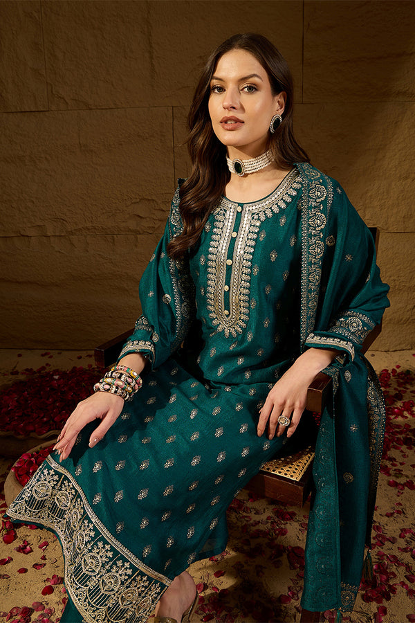 Teal Silk Blend Embroidered Straight Kurta Trouser With Dupatta HOPPKSKD2834
