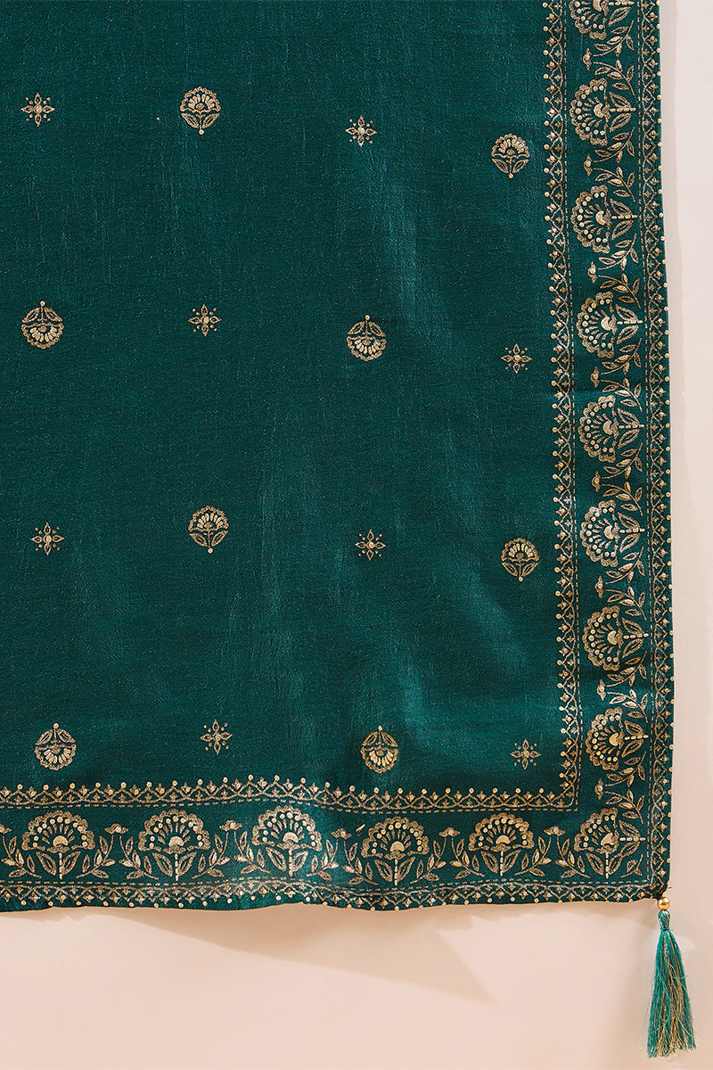 Teal Silk Blend Embroidered Straight Kurta Trouser With Dupatta HOPPKSKD2834