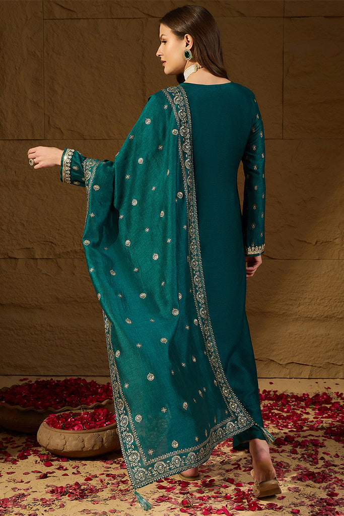Teal Silk Blend Embroidered Straight Kurta Trouser With Dupatta HOPPKSKD2834