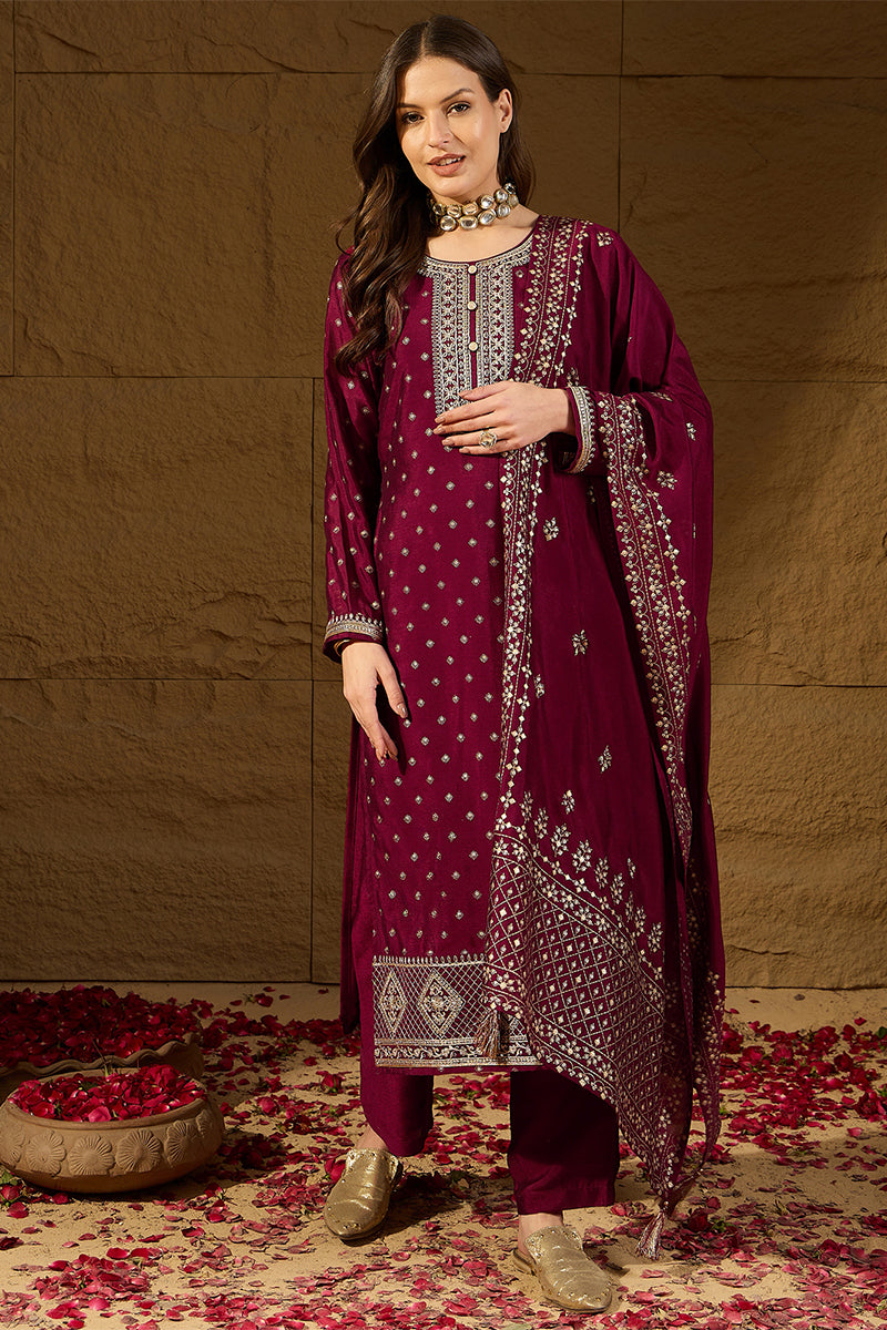 Maroon Silk Blend Embroidered Straight Kurta Trouser With Dupatta HOPPKSKD2835