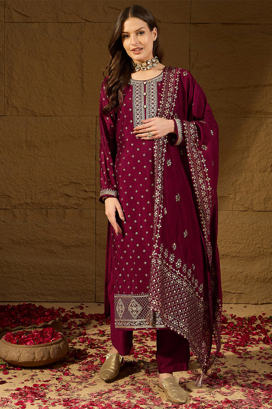 Maroon Silk Blend Embroidered Straight Kurta Trouser With Dupatta HOPPKSKD2835