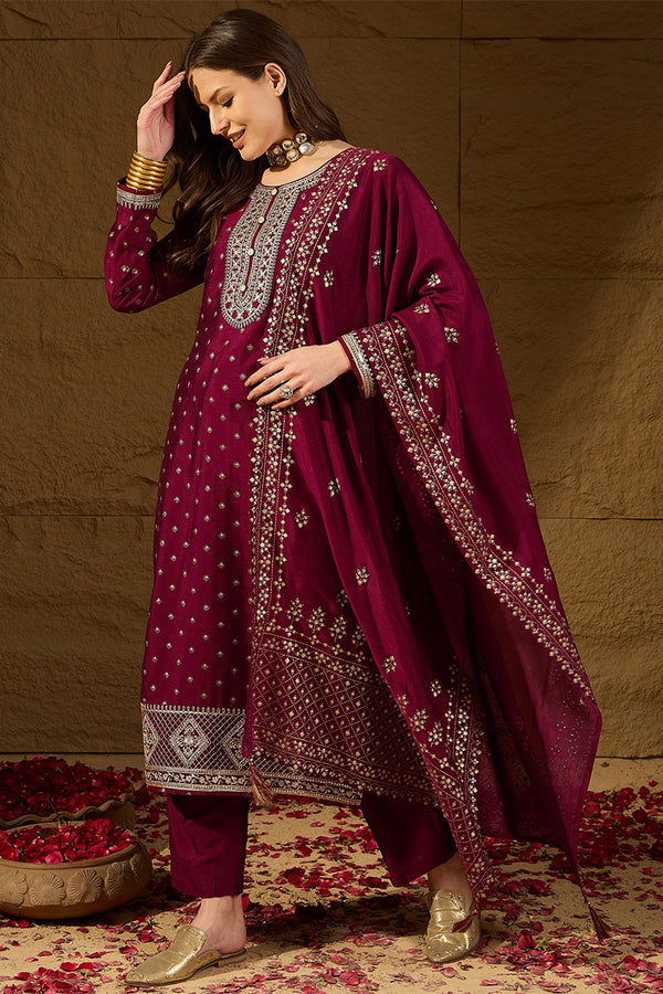 Maroon Silk Blend Embroidered Straight Kurta Trouser With Dupatta HOPPKSKD2835