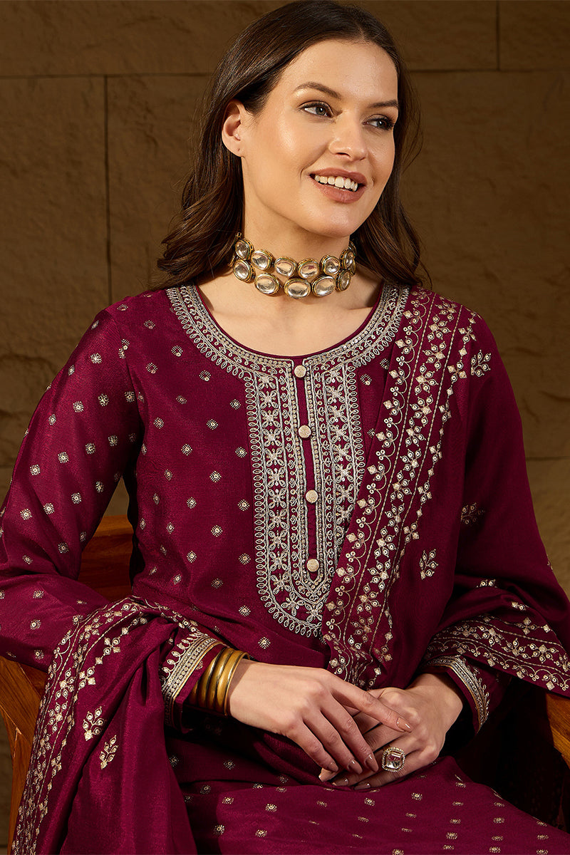 Maroon Silk Blend Embroidered Straight Kurta Trouser With Dupatta HOPPKSKD2835