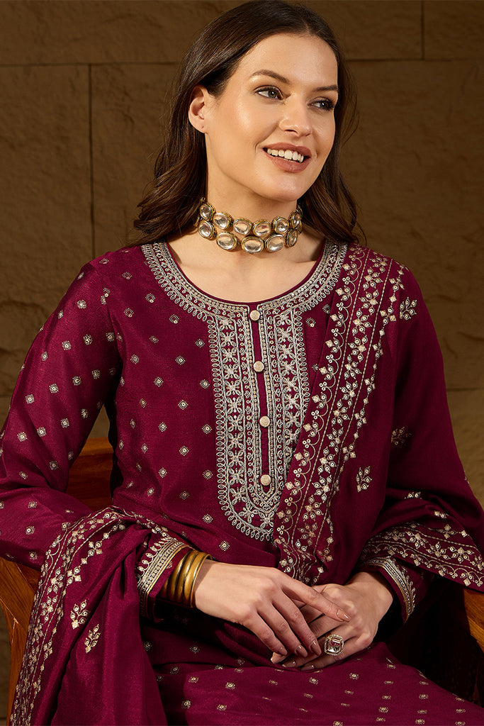 Maroon Silk Blend Embroidered Straight Kurta Trouser With Dupatta HOPPKSKD2835
