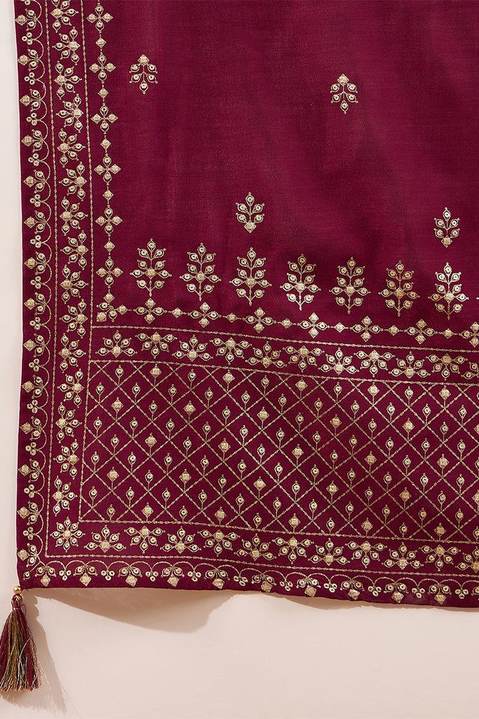 Maroon Silk Blend Embroidered Straight Kurta Trouser With Dupatta HOPPKSKD2835
