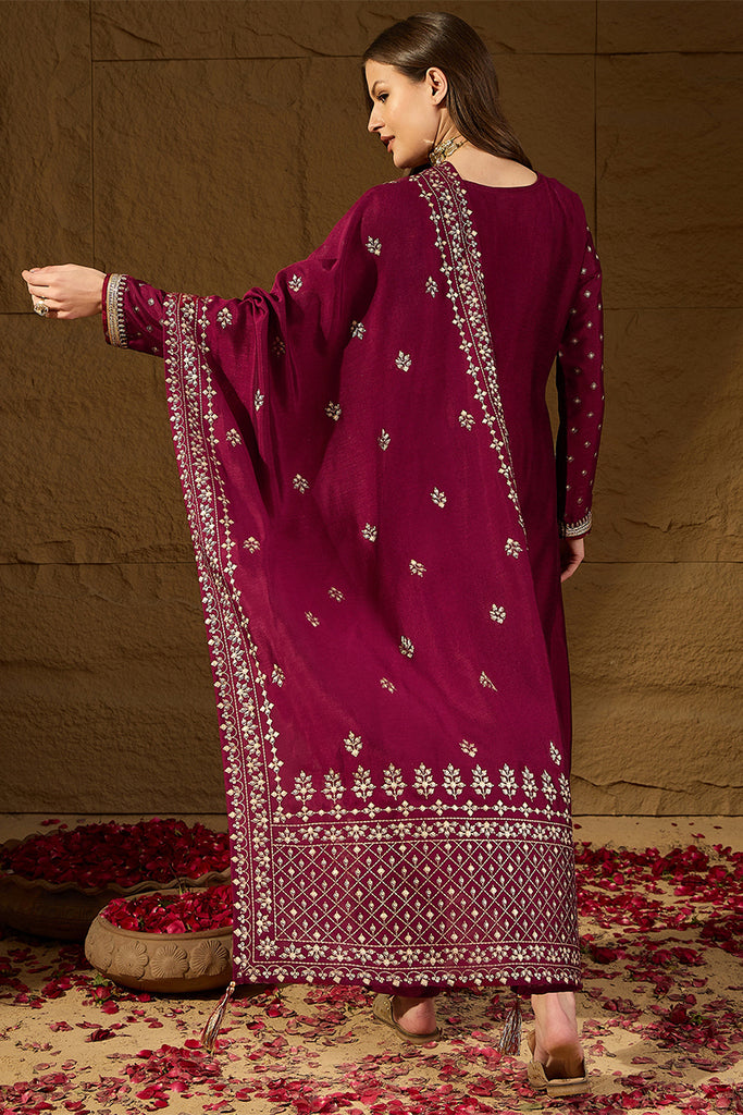 Maroon Silk Blend Embroidered Straight Kurta Trouser With Dupatta HOPPKSKD2835