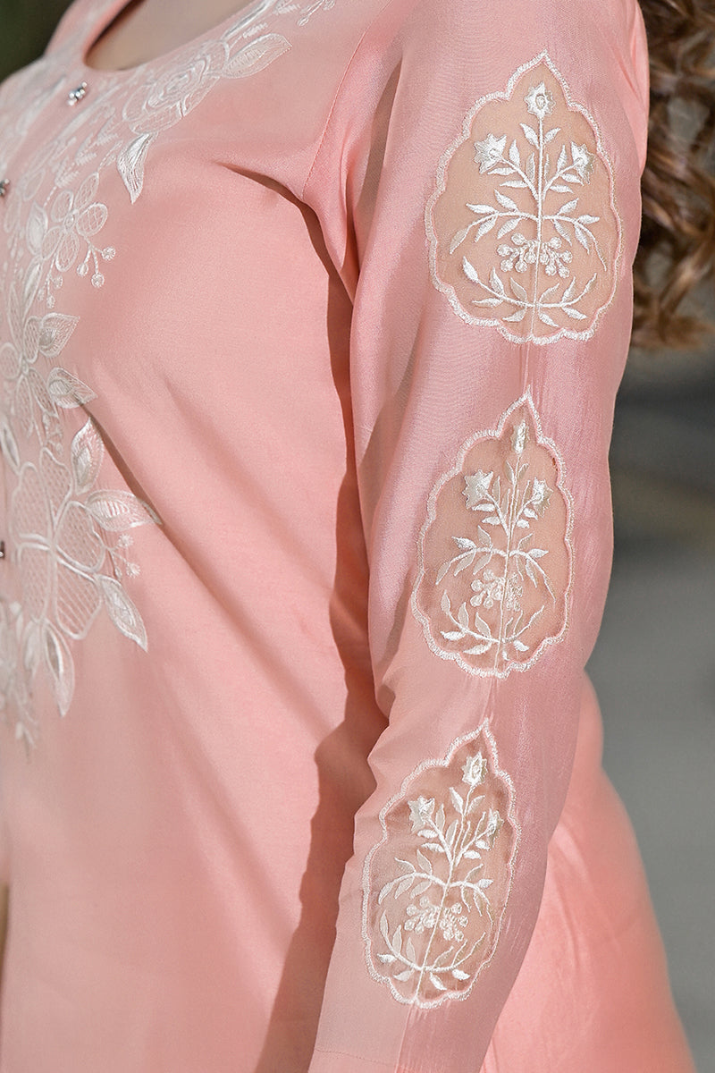 Peach Silk Blend Solid Embroidered Straight Kurta Trouser Suit Set PKSKD2836