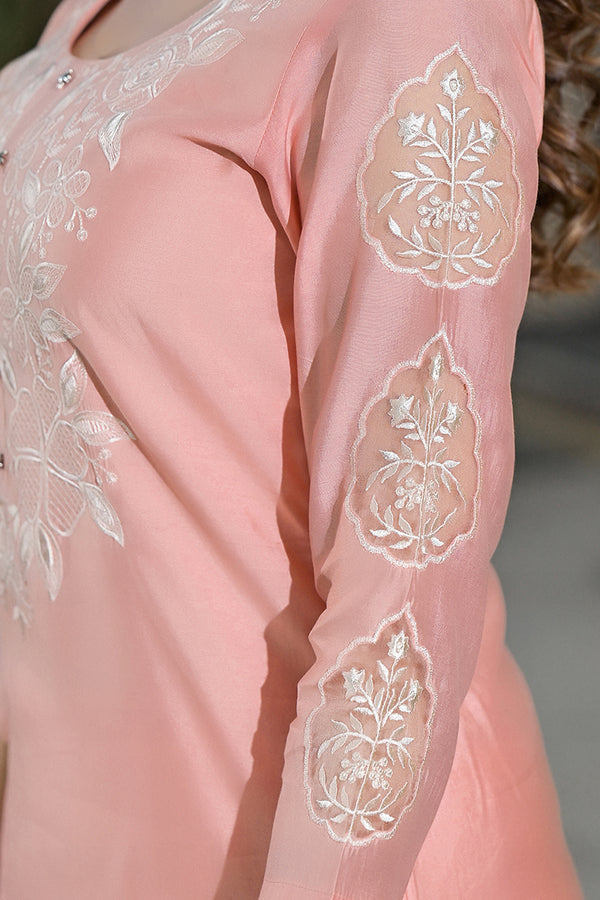 Peach Silk Blend Solid Embroidered Straight Kurta Trouser Suit Set PKSKD2836
