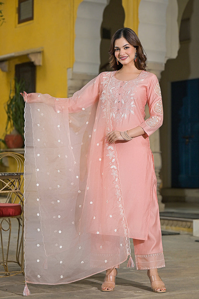 Peach Silk Blend Solid Embroidered Straight Kurta Trouser And Dupatta SETPKSKD2836 (M To 3XL Set)