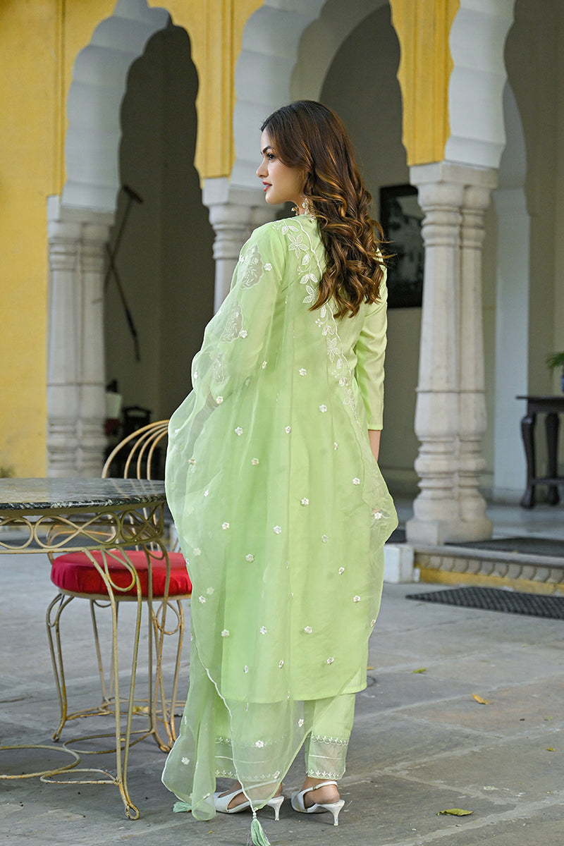 Green Silk Blend Solid Embroidered Straight Kurta Trouser Suit Set PKSKD2837