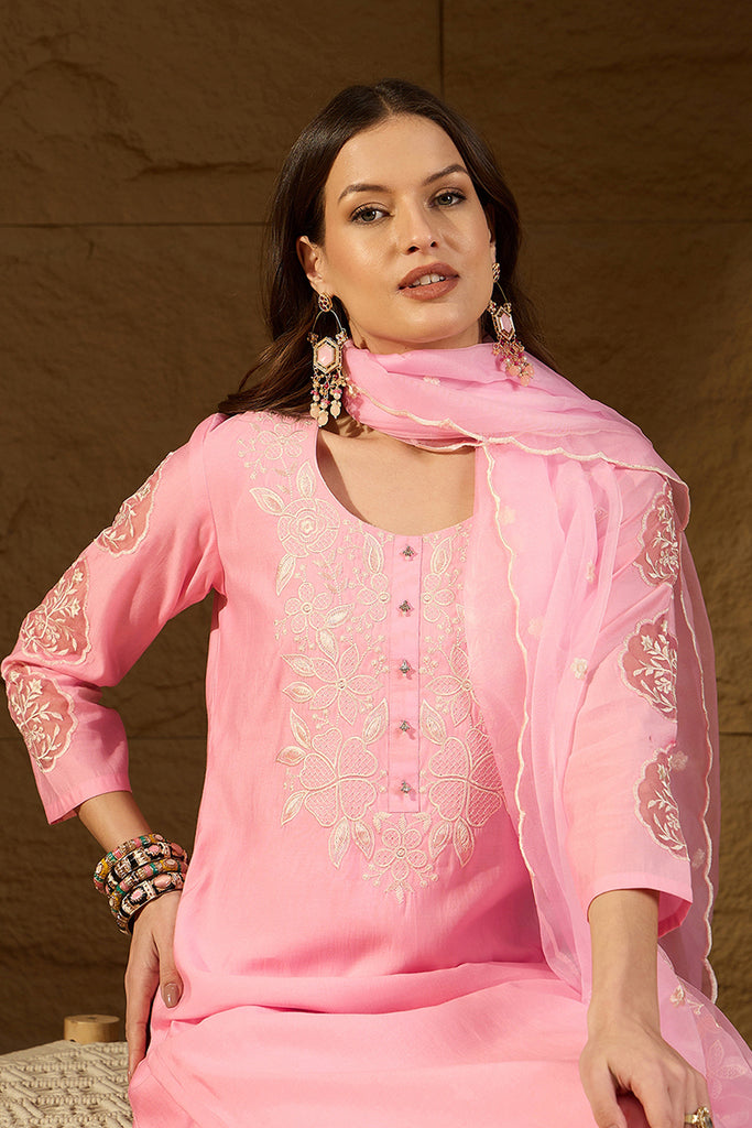 Pink  Silk Blend Solid Embroidered Straight Kurta Trouser Suit Set PKSKD2838