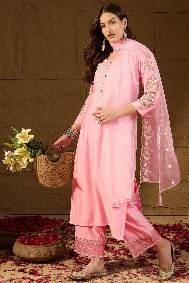 Pink  Silk Blend Solid Embroidered Straight Kurta Trouser Suit Set PKSKD2838