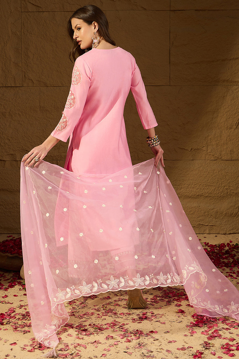Pink  Silk Blend Solid Embroidered Straight Kurta Trouser Suit Set PKSKD2838