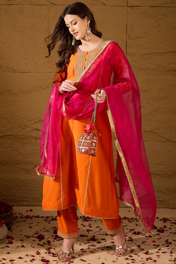 Orange Silk Blend Solid Embroidered A-Line Kurta Trouser and Dupatta HOPPKSKD2841