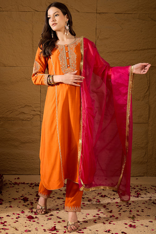 Orange Silk Blend Solid Embroidered A-Line Kurta Trouser and Dupatta HOPPKSKD2841