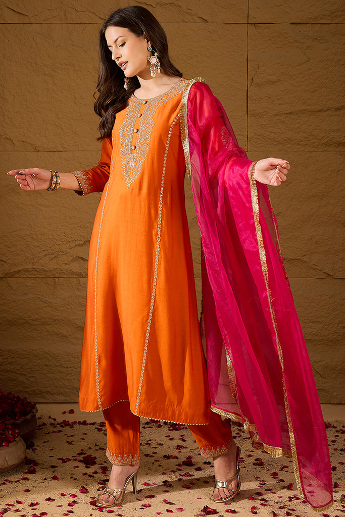 Orange Silk Blend Solid Embroidered A-Line Kurta Trouser and Dupatta HOPPKSKD2841