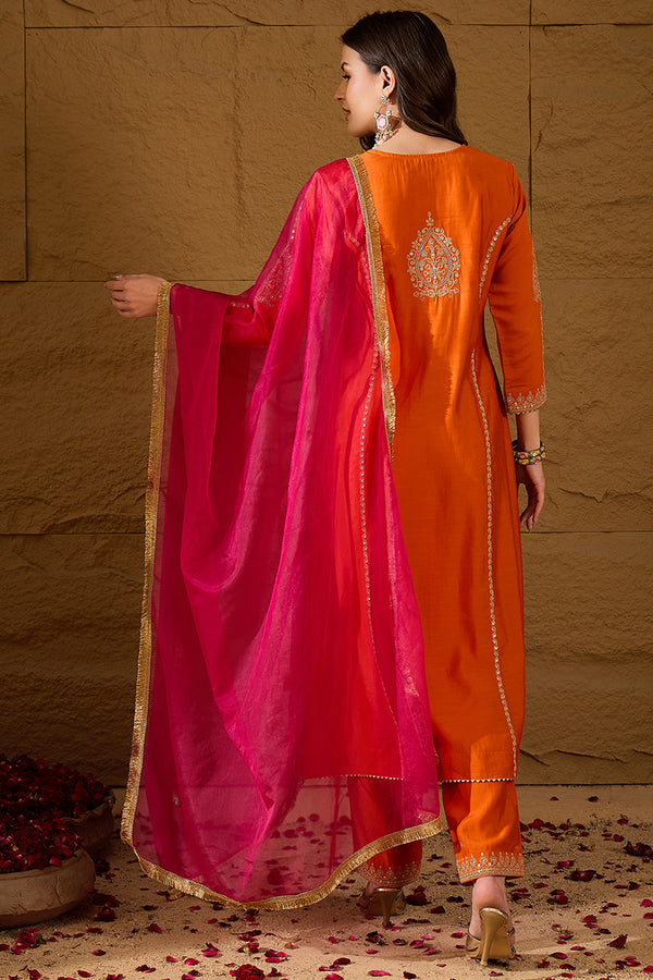 Orange Silk Blend Solid Embroidered A-Line Kurta Trouser and Dupatta HOPPKSKD2841