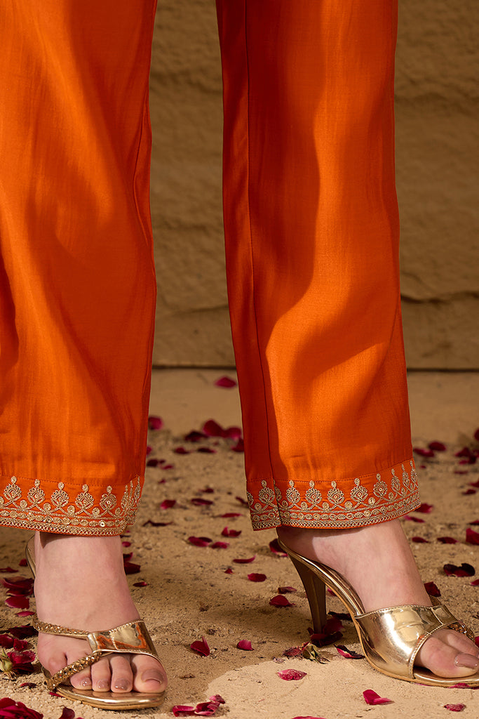 Orange Silk Blend Solid Embroidered A-Line Kurta Trouser and Dupatta HOPPKSKD2841