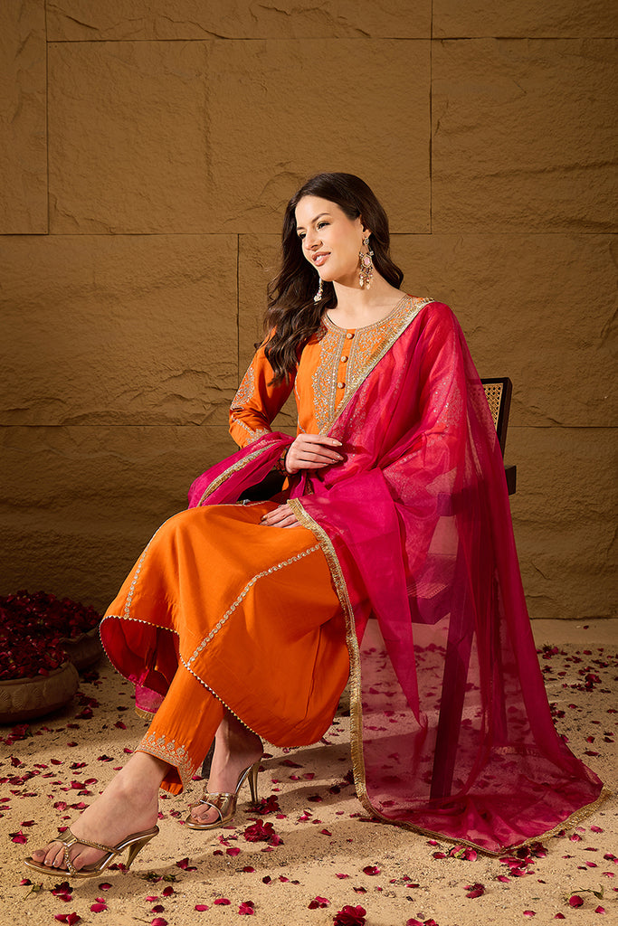 Orange Silk Blend Solid Embroidered A-Line Kurta Trouser and Dupatta HOPPKSKD2841