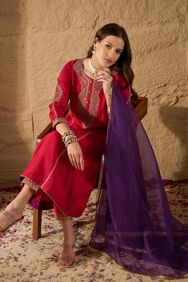 Red Silk Blend Solid Embroidered A-Line Kurta Trouser and Dupatta HOPPKSKD2842