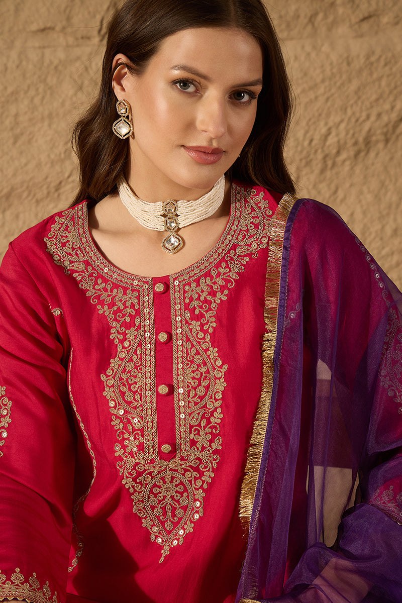 Red Silk Blend Solid Embroidered A-Line Kurta Trouser and Dupatta HOPPKSKD2842