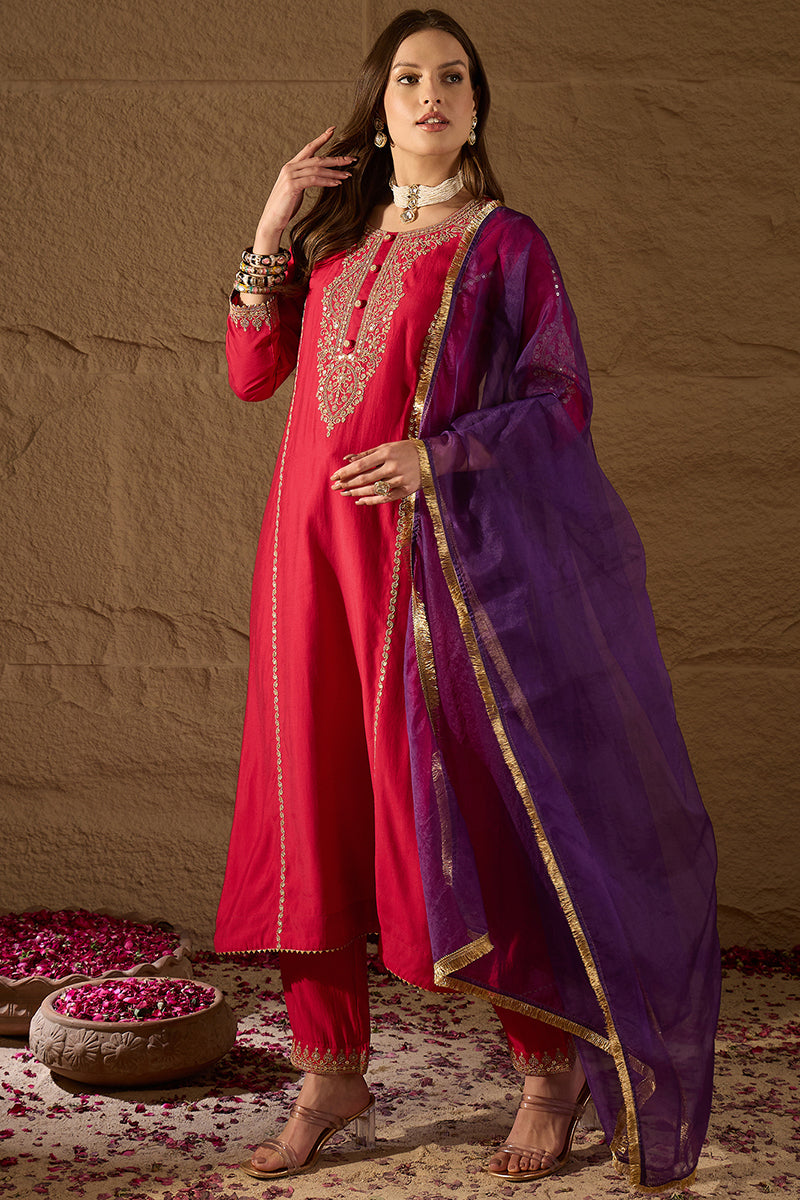 Red Silk Blend Solid Embroidered A-Line Kurta Trouser and Dupatta HOPPKSKD2842
