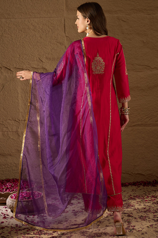 Red Silk Blend Solid Embroidered A-Line Kurta Trouser and Dupatta HOPPKSKD2842