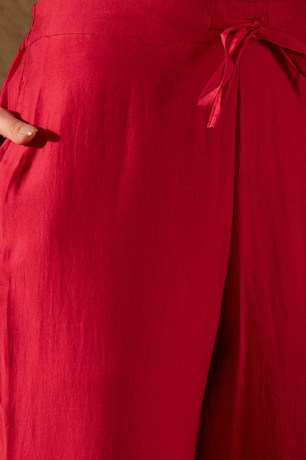 Red Silk Blend Solid Embroidered A-Line Kurta Trouser and Dupatta HOPPKSKD2842
