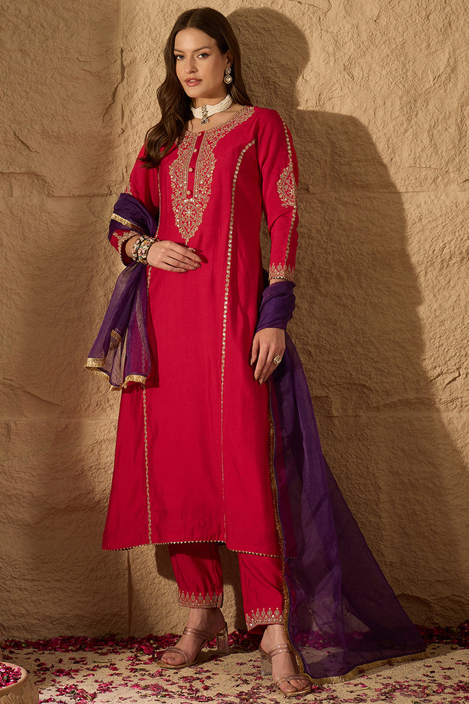Red Silk Blend Solid Embroidered A-Line Kurta Trouser and Dupatta HOPPKSKD2842
