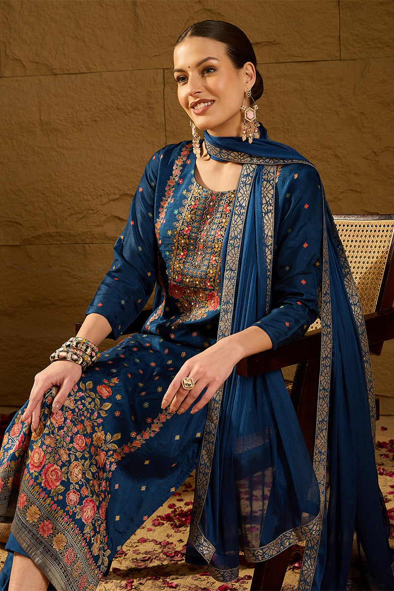 Blue Silk Floral Woven Design Straight Kurta Trousers With Dupatta HOPPKSKD2843