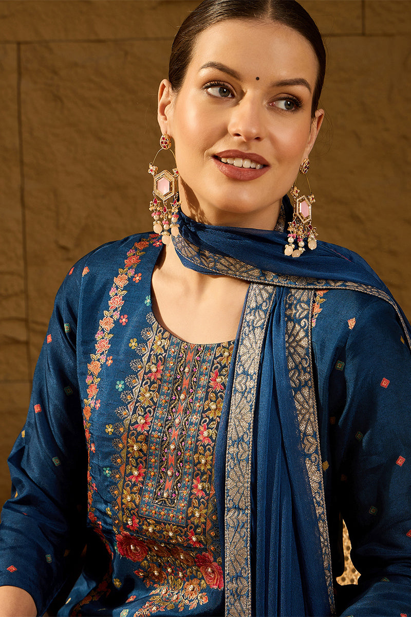 Blue Silk Floral Woven Design Straight Kurta Trousers With Dupatta HOPPKSKD2843