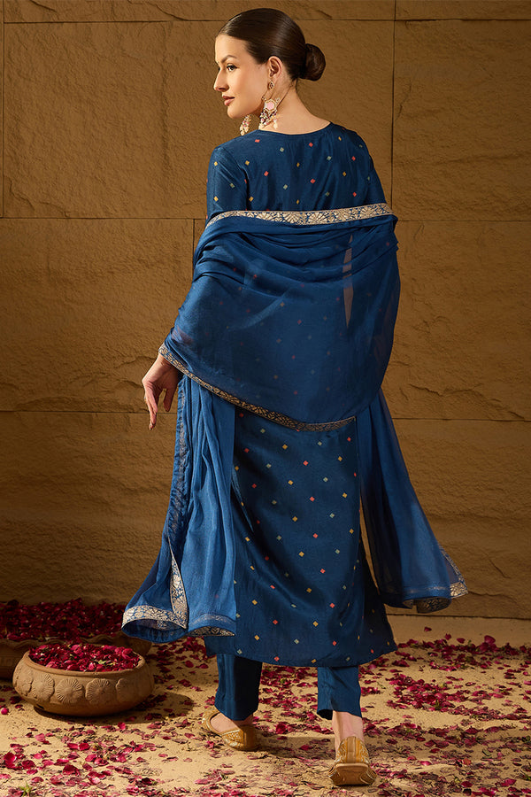 Blue Silk Floral Woven Design Straight Kurta Trousers With Dupatta HOPPKSKD2843
