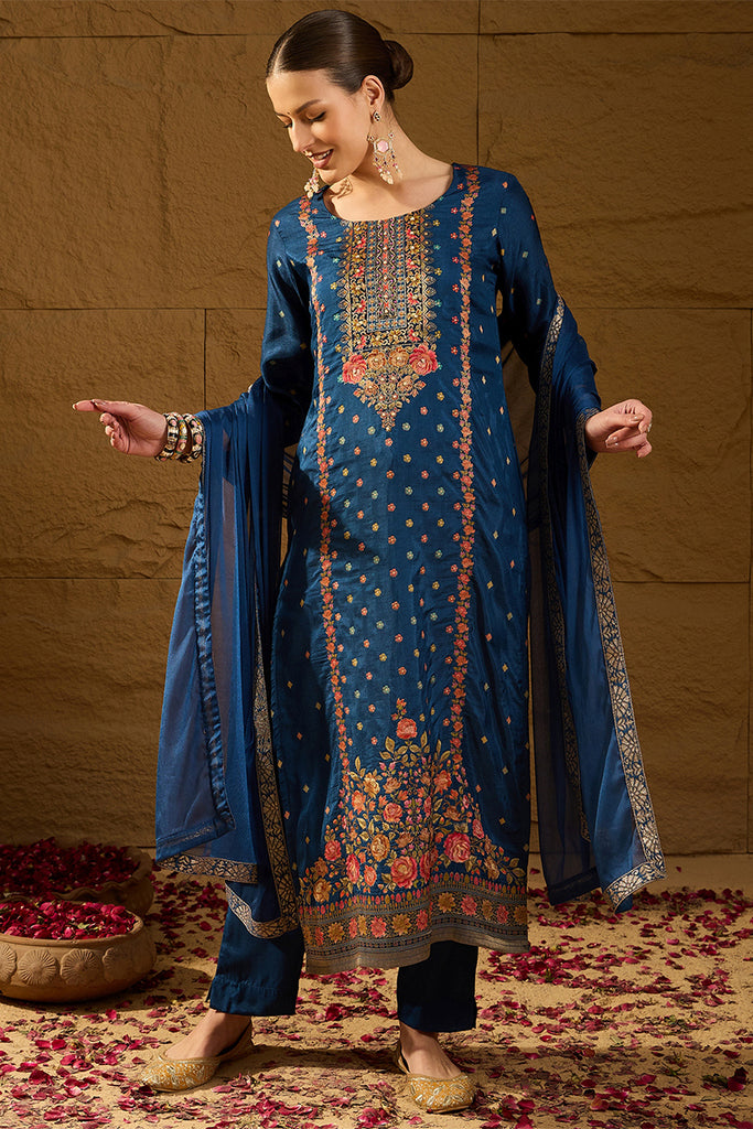 Blue Silk Floral Woven Design Straight Kurta Trousers With Dupatta HOPPKSKD2843