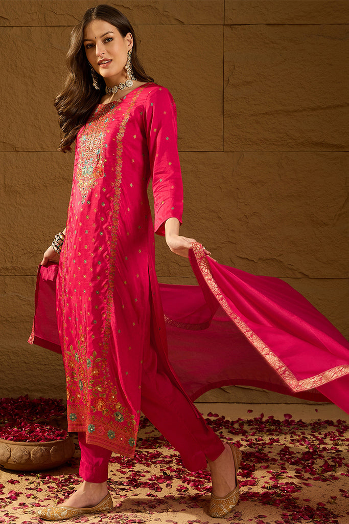 Pink Silk Floral Woven Design Straight Kurta Trousers With Dupatta HOPPKSKD2844